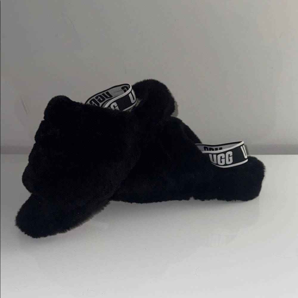 UGG Black Plush Slide Sandals with Branded Heel Strap